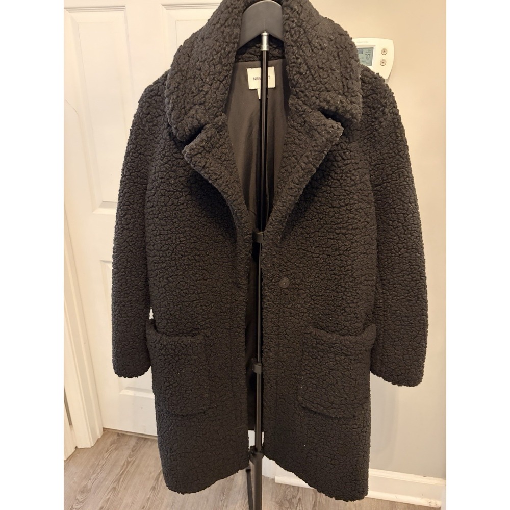 Nine West Dull Black Double Breasted Teddy Coat Faux Shearling Sm Fall Cozy Chic